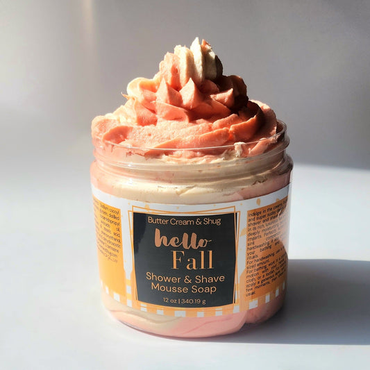 Jar of 'Hello Fall' shower and shave mousse soap on a light background