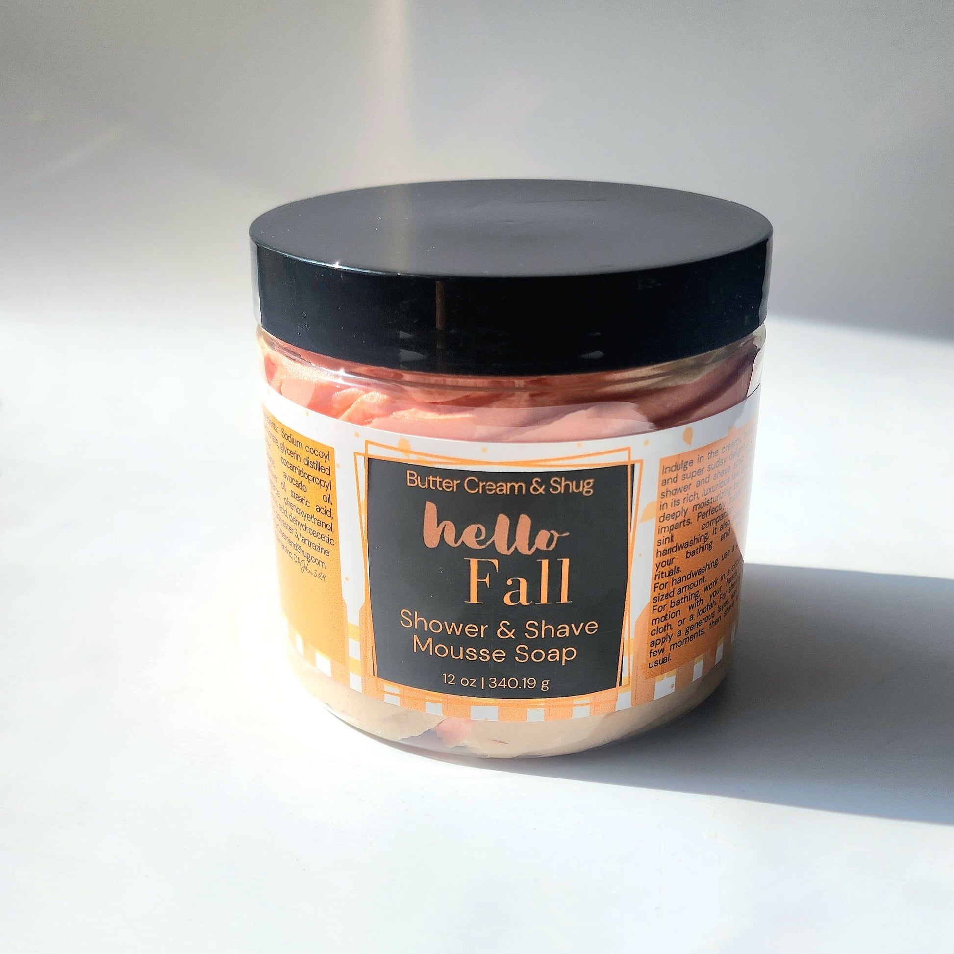 Jar of 'hello Fall' shower and shave mousse soap on a white background